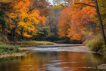 Fototapeta premium Little Miami River in Autumn: Scenic Horizontal Landscape with Fall Foliage and Vibrant Colors