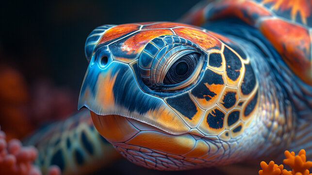 Close-up of a sea turtle swimming gracefully in the ocean, with detailed shell patterns and clear blue water