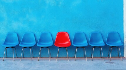 Red chair stands out among blue.