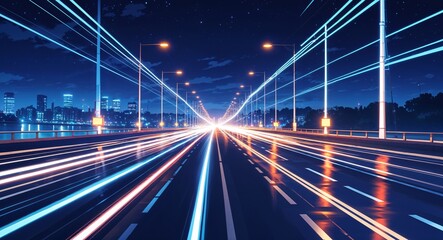 Fototapeta premium Shimmering light trails from passing vehicles on a bridge at night anime cartoon style illustration artwork design background