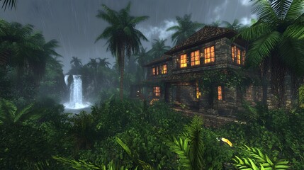 Charming house nestled in a dense jungle surrounded by lush greenery and exotic plants in a tropical paradise