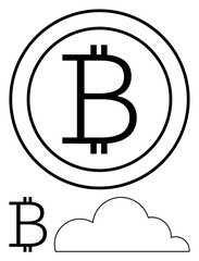 Large Bitcoin logo in coin outline, smaller Bitcoin logo, and a cloud below. Ideal for cryptocurrency, blockchain, fintech, digital payment, cloud storage, decentralization and technology flat