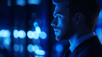 A business man gazes thoughtfully into the distance, envisioning advancements in technology and artificial intelligence. With copy space for text
