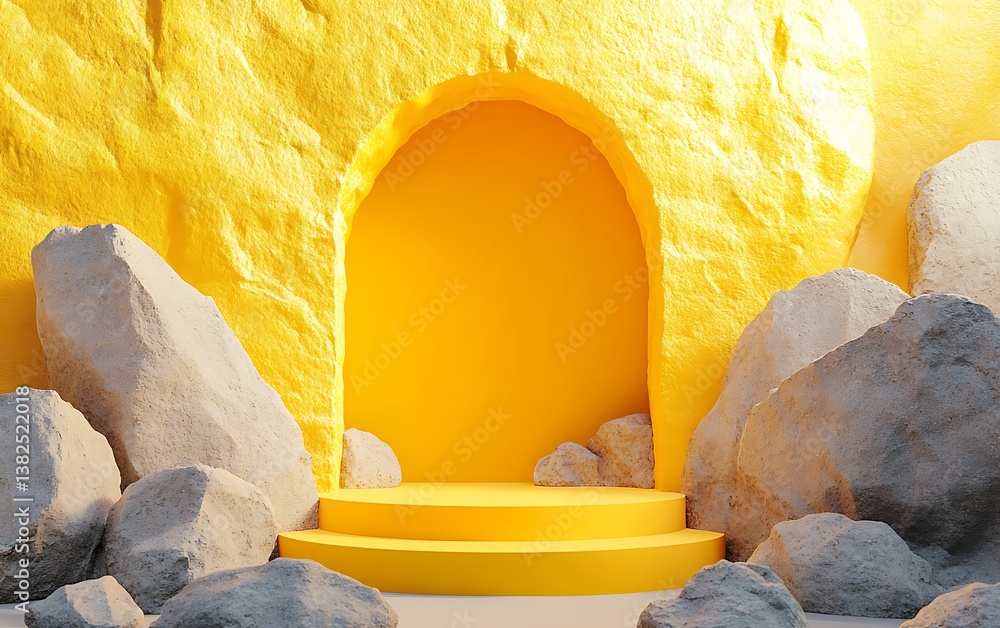 Poster 3d rendering of an abstract background with a yellow podium and rocks, with an arch in the middle