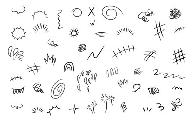 Manga or anime comic hand drawn doodle. collection of comic signs. doodle symbols. hand drawn line confetti exclamation icon elements