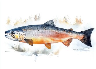 Obraz premium Minimalist watercolor painting of salmon fish and fresh seafood on white background