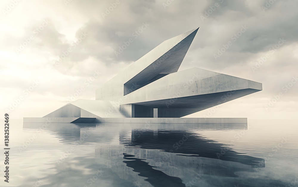 Poster 3d rendering of an abstract building with sharp edges and flat roofs, creating the illusion that it 