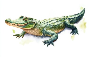 Obraz premium Vibrant Green Crocodile Watercolor Painting Isolated on White Background Realistic Artistic Style