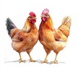 Fototapeta premium Watercolor Chickens Roosters Birds on White Background Soft Brush Strokes Warm Earthy Tones