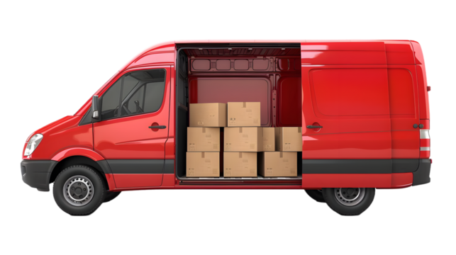 A red delivery van with the side door open and boxes inside on black