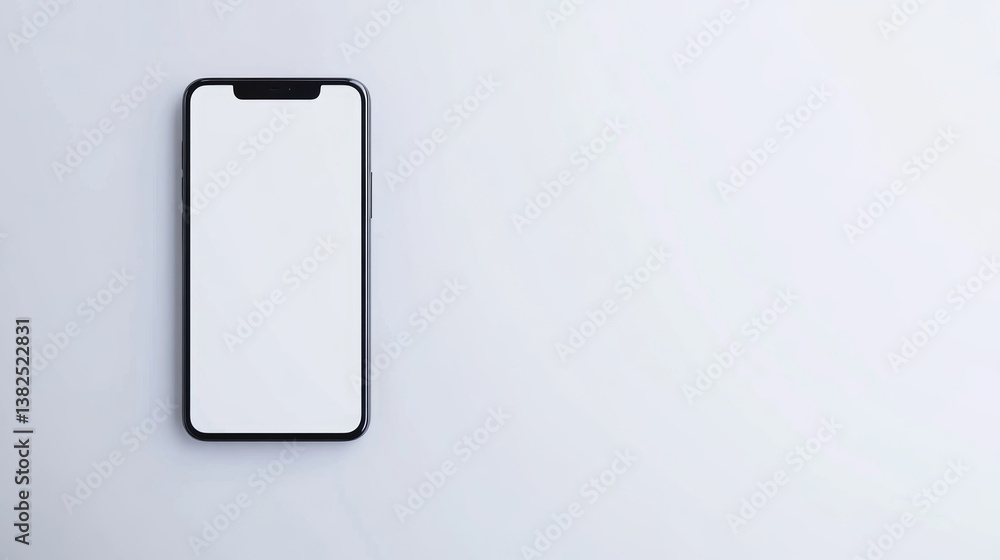 Poster mobile phone displayed on a minimalist surface with a blank screen in a well-lit environment, isolat