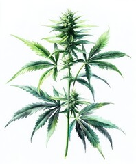Watercolor Cannabis Plant Illustration with Detailed Leaves and Minimalistic Background
