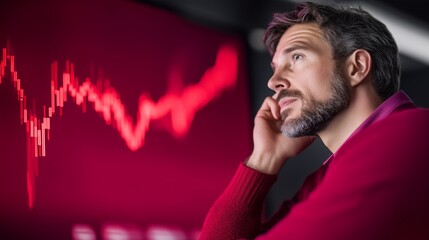 A businessman watches a crashing stock market chart with concern, symbolizing economic downturn, financial crisis, and recession impacts due to trade wars and tariffs.