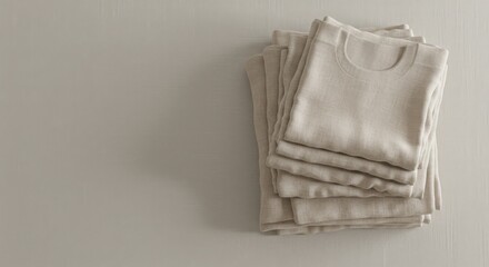 Folded beige linen shirts on a neutral background