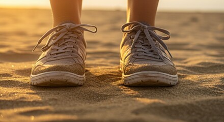 Naklejka premium Person standing in sneakers on sandy beach at sunset