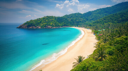 A serene tropical beach with turquoise waters and lush greenery.