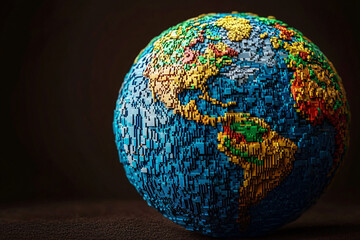 Voxel earth globe made of colorful bricks, floating above continents. Perfect for global business, education, Earth Day, environmental awareness, and tech concepts.