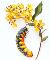 Obraz premium Watercolor caterpillar insect on yellow flower botanical illustration