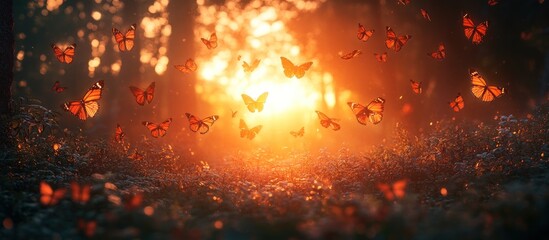 Naklejka premium Butterflies fly in sunset forest meadow