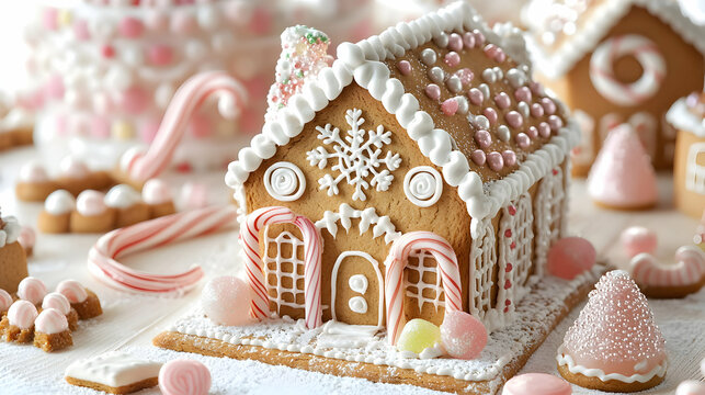 Pink and White Gingerbread House with Candy Decorations