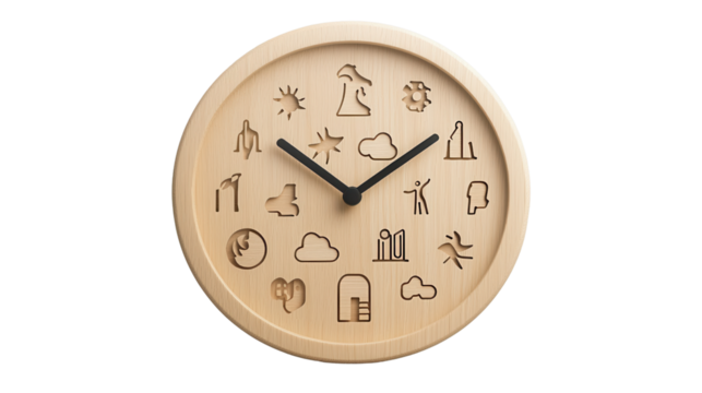 A modern minimalist wooden wall clock featuring a simple design with abstract symbols and shapes creating a contemporary and functional decor piece for the home or office