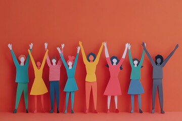 Diverse Group of Paper People Celebrating on Orange Background