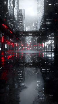 Fototapeta Cyberpunk City Nightscape: Red Neon Lights Reflecting on Wet Street