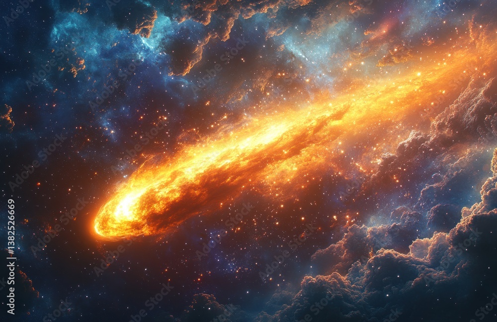 Poster cosmic nebula with glowing comet and dynamic space motion