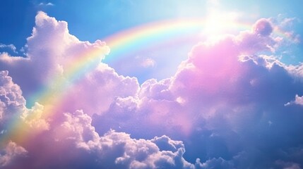 Colorful rainbow through fluffy clouds, bright sun, inspiring sky, digital art