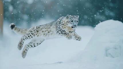 Obraz premium Snow Leopard Leaping Through Snowy Landscape in Winter Wonderland