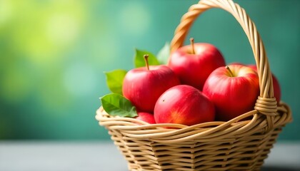A close-up shot features a woven basket filled to the brim with vibrant red apples, set against a soft, blurred background of green and blue hues