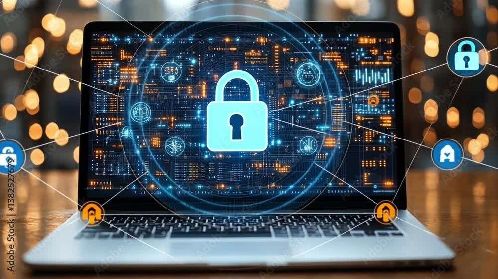 Aufkleber digital security protecting data with laptop technology and lock symbols in modern cybersecurity env