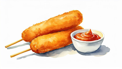 Watercolor painting of tasty corn dog. Delicious fast food. Hand drawn art. Isolated on white