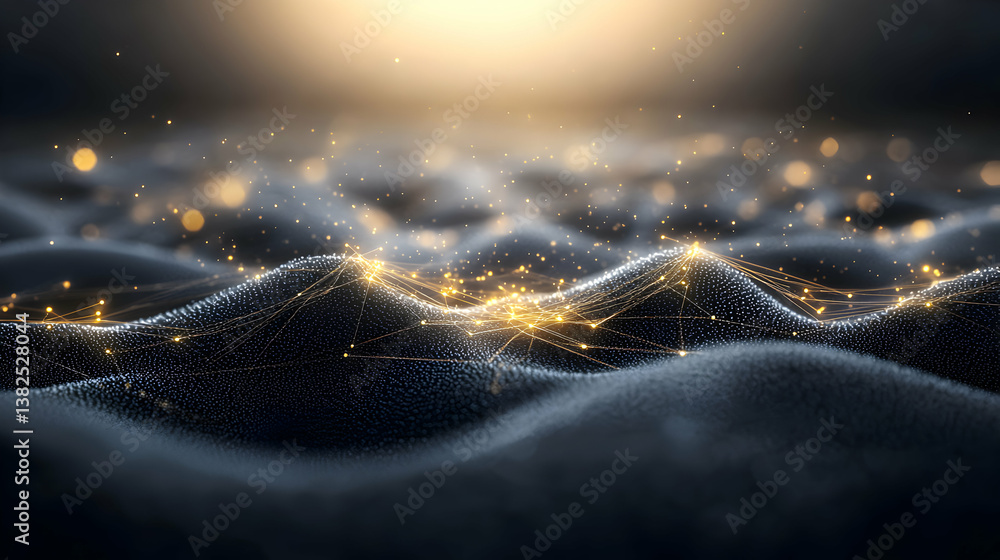 Aufkleber dark abstract background with glowing golden particles and wave texture