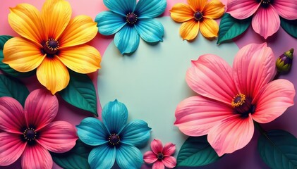 Obraz premium Bold stylized blossoms, vibrant color palette, geometric underlay, craft, decoration