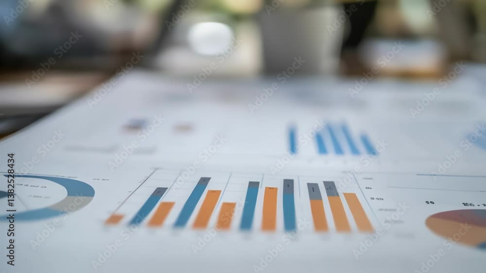 Poster business people are having a meeting using laptops, with printed charts and graphs placed on a woode