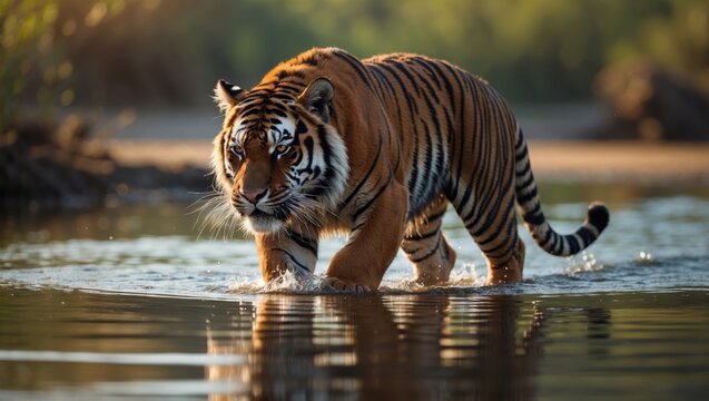 Malayan tiger male wades through water at the lake's edge in the wild with a wet tiger in foamy water.