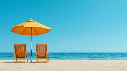 Two Beach Chairs and Yellow Parasol on Sandy Beach with Blue Sky and Calm Ocean Scenery