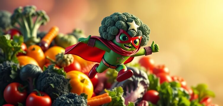 BroccStar, the broccoli superhero, soaring above vibrant vegetables, well-being, goodness