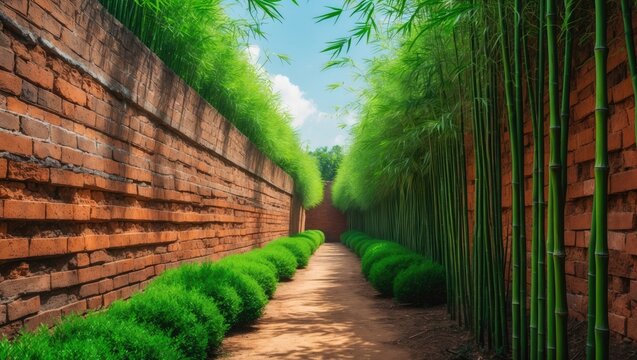 Long perspective of a tall retaining wall featuring weathered bricks and lush shrubbery, creative area for text, horizontal format.