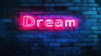 Obraz premium Neon Dream Sign on Dark Brick Wall