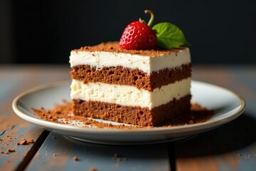 Individual tiramisu portion; layers visible, dusted cocoa , sweet, dessert photography