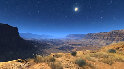 Obraz premium Majestic mountain landscape under a bright full moon illuminating the night sky in a tranquil desert setting