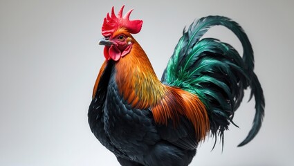 Fototapeta premium Majestic rooster displaying magnificently, with vibrant plumage glowing. Ideal for farm, agriculture, countryside, and symbolic themes. High-quality image, straightforward, professional, and appeal...