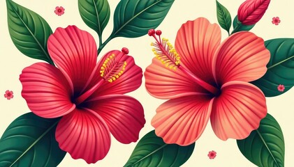 Naklejka premium Bold hibiscus flowers, stylized leaves, seamless design , flower, pattern, bold