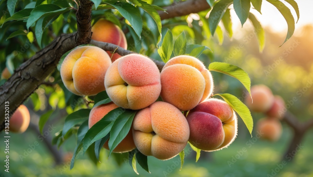 Poster peaches developing on a tree. fresh peach tree