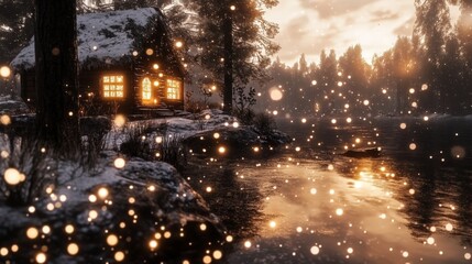 Cozy Cabin in a Snowy Landscape with Warm Lights