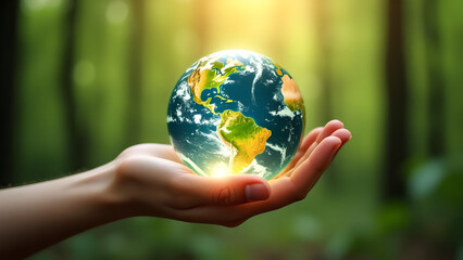 Hands Gently Cradle Glass Globe Against Forest Backdrop, Symbolizing Environmental Care and Sustainability. Ideal for Earth Day, Conservation, and Global Responsibility Themes, Evoking Hope and Planet