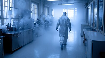 Hazmat suit person walking in lab, with machinery, cabinets, and fog