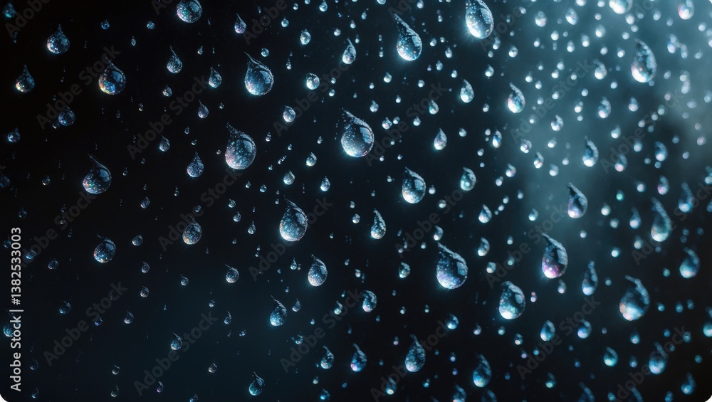 Poster part of series. background image featuring raindrops on glass in various sizes: small, medium, and l